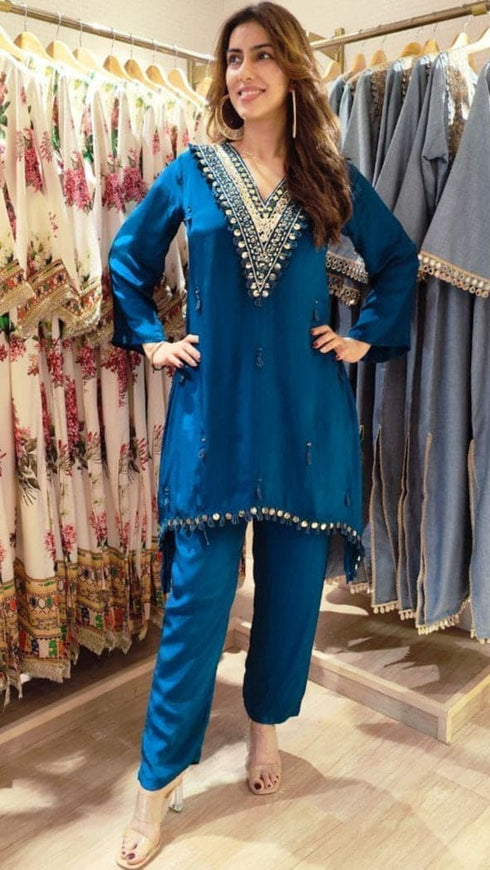 Mirror Blue C Cut Kurta With Pants