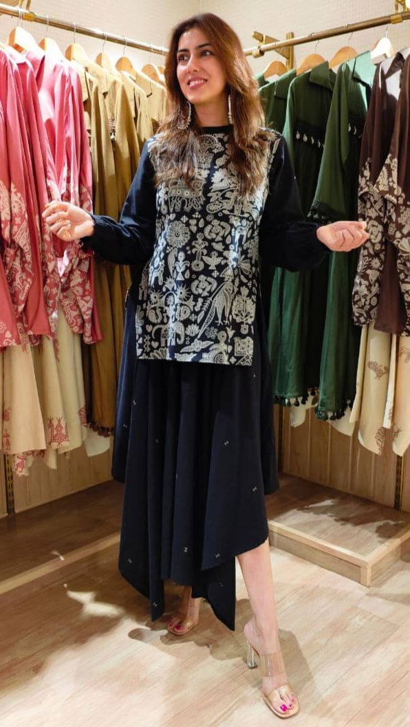 Panihari Black High Low Kurta with Ghera Skirt