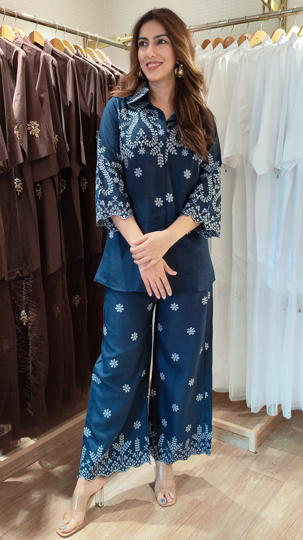 Schiffli Embroidered Blue Shirt Coord Set