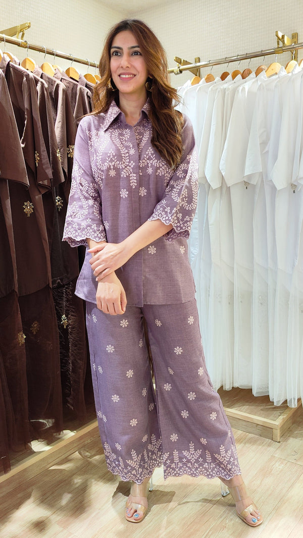 Schiffli Embroidered Lilac Purple Shirt Coord Set