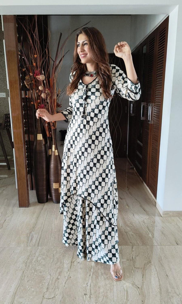 Smoky Green Checks Dhoti Skirt Dress